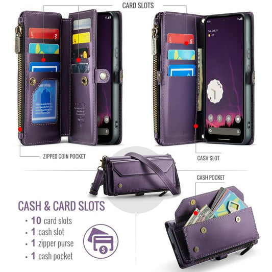 For Google Pixel 9a CaseMe C36 Card Slots Zipper Wallet RFID Anti-theft Leather Phone Case(Purple) - Google Cases by CaseMe | Online Shopping UK | buy2fix