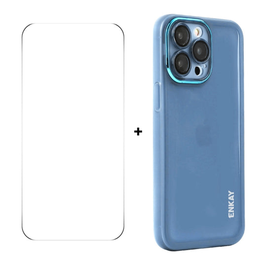 For iPhone 15 Pro ENKAY Hat-Prince Translucent Matte TPU Phone Case with Lens Film + 9H Big Arc Edge Film(Blue) - iPhone 15 Pro Cases by ENKAY | Online Shopping UK | buy2fix