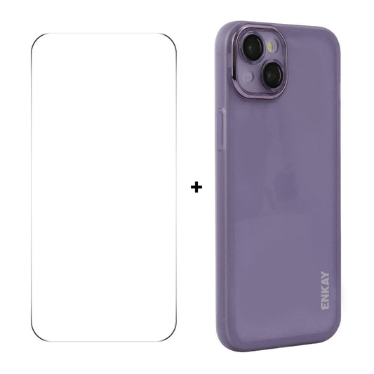 For iPhone 14 ENKAY Hat-Prince Translucent Matte TPU Phone Case with Lens Film + 9H Big Arc Edge Film(Purple) - iPhone 14 Cases by ENKAY | Online Shopping UK | buy2fix