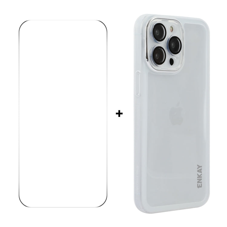 For iPhone 14 Pro ENKAY Hat-Prince Translucent Matte TPU Phone Case with Lens Film + 9H Big Arc Edge Film(White) - iPhone 14 Pro Cases by ENKAY | Online Shopping UK | buy2fix