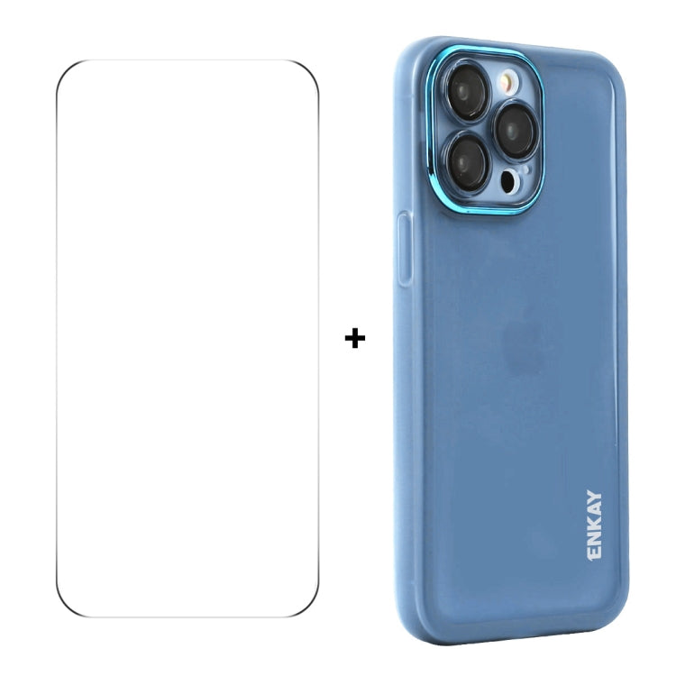 For iPhone 14 Pro Max ENKAY Hat-Prince Translucent Matte TPU Phone Case with Lens Film + 9H Big Arc Edge Film(Blue) - iPhone 14 Pro Max Cases by ENKAY | Online Shopping UK | buy2fix
