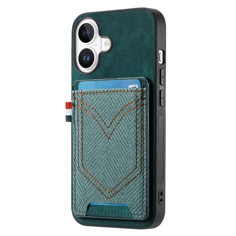 For iPhone 16 Denim Texture Leather Skin Phone Case with Card Slot(Green) - iPhone 16 Cases by buy2fix | Online Shopping UK | buy2fix