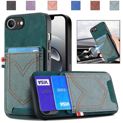 For iPhone 16e Denim Texture Leather Skin Phone Case with Card Slot(Green) - iPhone 16e Cases by buy2fix | Online Shopping UK | buy2fix