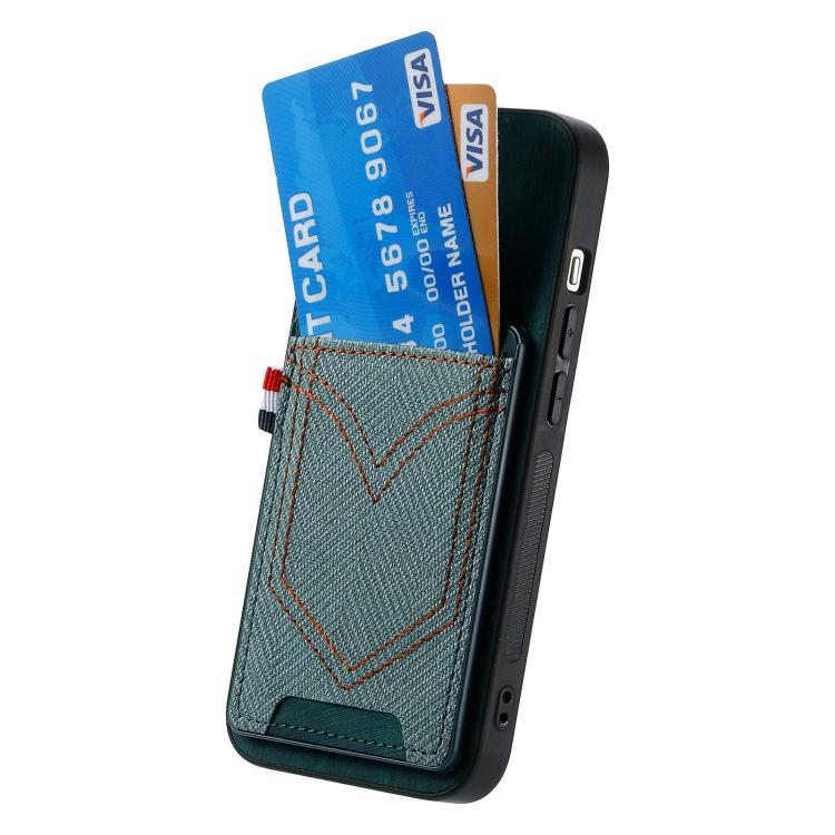 For iPhone 16e Denim Texture Leather Skin Phone Case with Card Slot(Green) - iPhone 16e Cases by buy2fix | Online Shopping UK | buy2fix