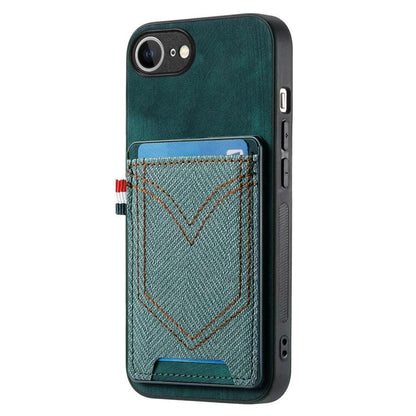 For iPhone 16e Denim Texture Leather Skin Phone Case with Card Slot(Green) - iPhone 16e Cases by buy2fix | Online Shopping UK | buy2fix
