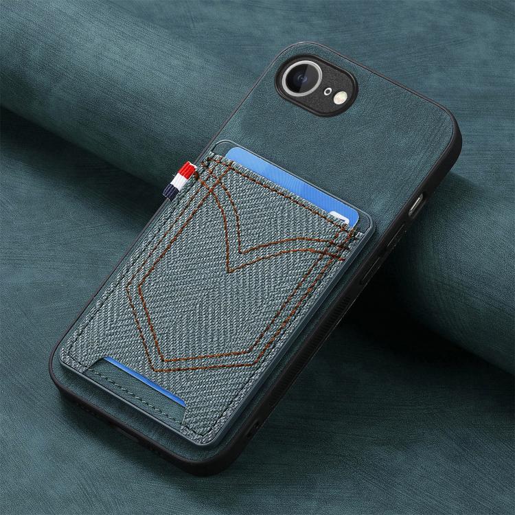 For iPhone 16e Denim Texture Leather Skin Phone Case with Card Slot(Green) - iPhone 16e Cases by buy2fix | Online Shopping UK | buy2fix