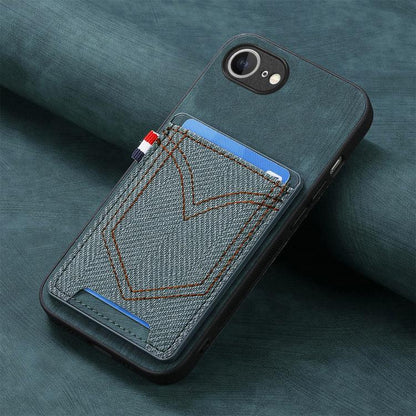 For iPhone 16e Denim Texture Leather Skin Phone Case with Card Slot(Green) - iPhone 16e Cases by buy2fix | Online Shopping UK | buy2fix