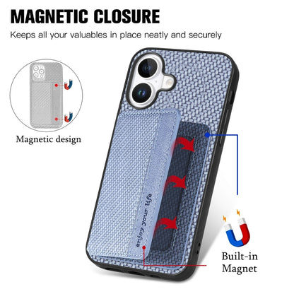 For iPhone 16 Carbon Fiber Magnetic Card Wallet RFID Blocking Phone Case(Blue) - iPhone 16 Cases by buy2fix | Online Shopping UK | buy2fix