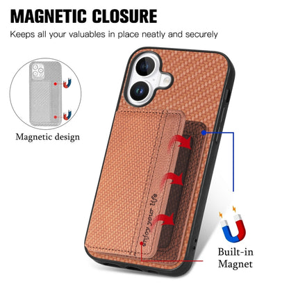 For iPhone 16 Carbon Fiber Magnetic Card Wallet RFID Blocking Phone Case(Brown) - iPhone 16 Cases by buy2fix | Online Shopping UK | buy2fix