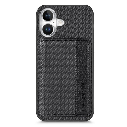 For iPhone 16 Plus Carbon Fiber Magnetic Card Wallet RFID Blocking Phone Case(Black) by buy2fix