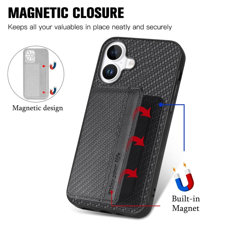 For iPhone 16 Plus Carbon Fiber Magnetic Card Wallet RFID Blocking Phone Case(Black) - iPhone 16 Plus Cases by buy2fix | Online Shopping UK | buy2fix