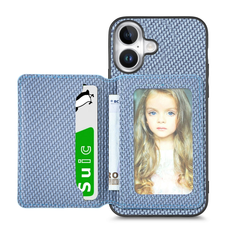 For iPhone 16 Plus Carbon Fiber Magnetic Card Wallet RFID Blocking Phone Case(Blue) by buy2fix