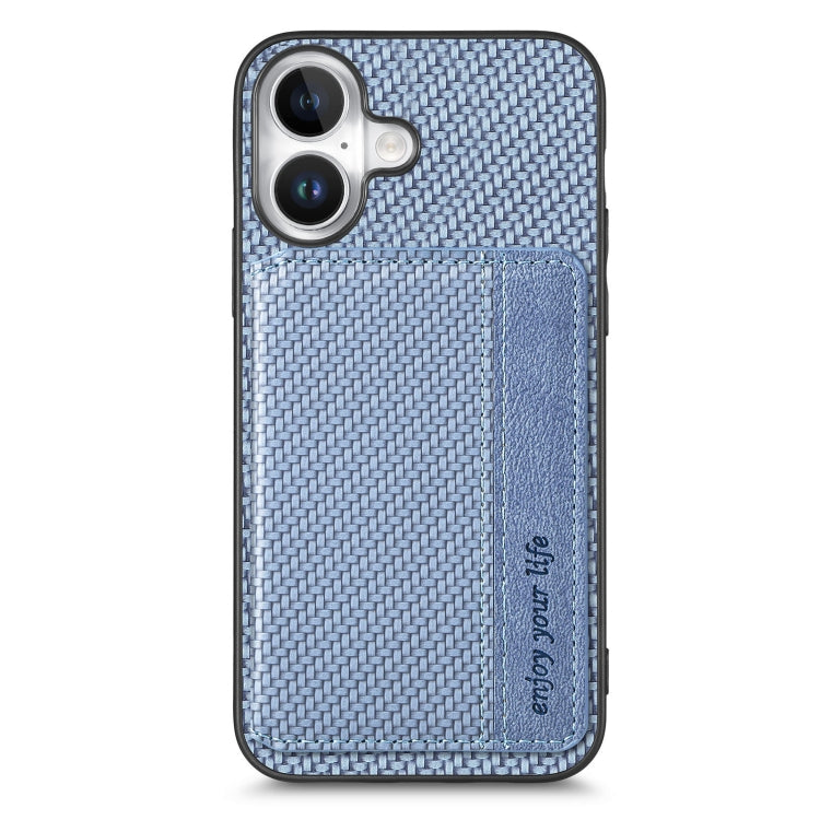 For iPhone 16 Plus Carbon Fiber Magnetic Card Wallet RFID Blocking Phone Case(Blue) by buy2fix