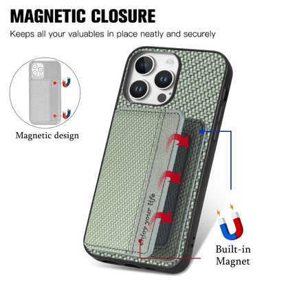 For iPhone 16 Pro Carbon Fiber Magnetic Card Wallet RFID Blocking Phone Case(Green) - iPhone 16 Pro Cases by buy2fix | Online Shopping UK | buy2fix