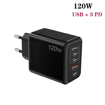 120W 3 PD Type-C Dual USB Multi Port Charger for Mobile Phones, EU Plug(Black) - USB Charger by buy2fix | Online Shopping UK | buy2fix