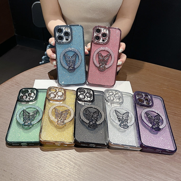 For iPhone 16 Plus Plating Glitter Butterfly Holder Phone Case(Silver) - iPhone 16 Plus Cases by buy2fix | Online Shopping UK | buy2fix