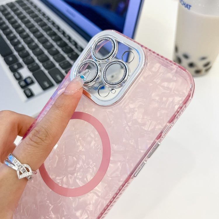 For iPhone 16 Plus Plating Texture Wristband MagSafe TPU Phone Case with Glitter Lens Film(White Shell Pattern) - iPhone 16 Plus Cases by buy2fix | Online Shopping UK | buy2fix