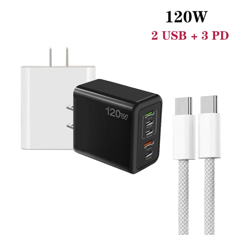 120W PD3.0 3 Type-C 2 USB Multi Port Quick Charger with Type-C to Type-C Cable, US Plug(White) - USB Charger by buy2fix | Online Shopping UK | buy2fix