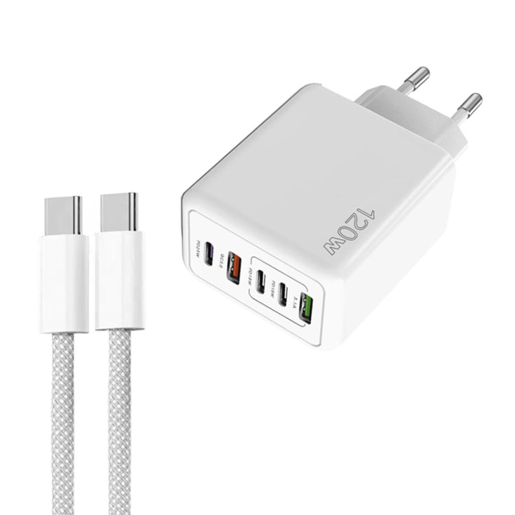 120W PD3.0 3 Type-C 2 USB Multi Port Quick Charger with Type-C to Type-C Cable, EU Plug(White) - USB Charger by buy2fix | Online Shopping UK | buy2fix