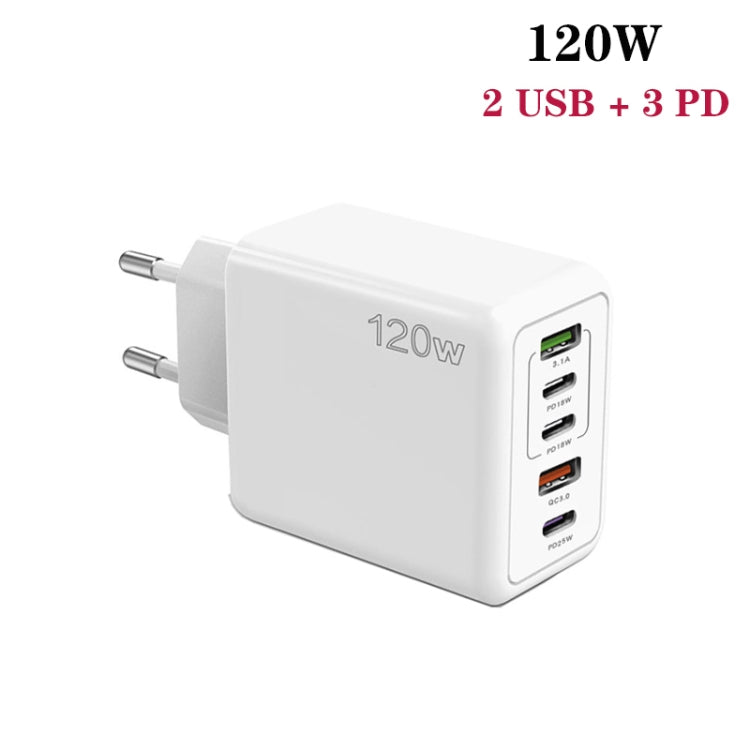 120W PD3.0 3 Type-C 2 USB Multi Port Quick Charger with Type-C to Type-C Cable, EU Plug(White) - USB Charger by buy2fix | Online Shopping UK | buy2fix