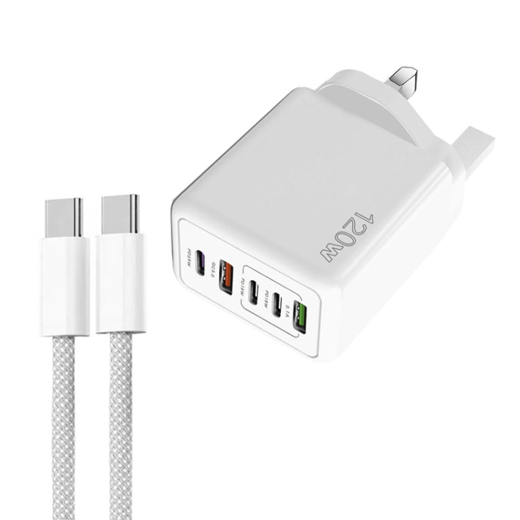 120W PD3.0 3 Type-C 2 USB Multi Port Quick Charger with Type-C to Type-C Cable, UK Plug(White) - USB Charger by buy2fix | Online Shopping UK | buy2fix