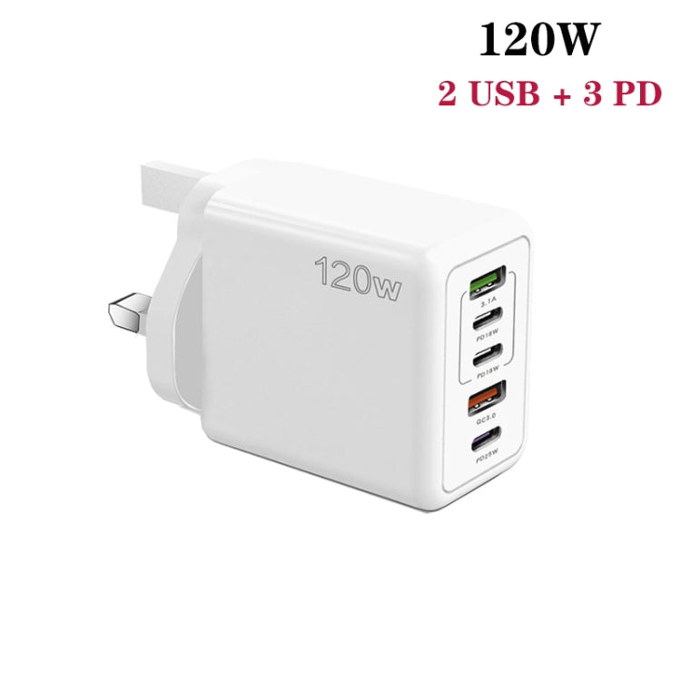 120W PD3.0 3 Type-C 2 USB Multi Port Quick Charger with Type-C to Type-C Cable, UK Plug(White) - USB Charger by buy2fix | Online Shopping UK | buy2fix