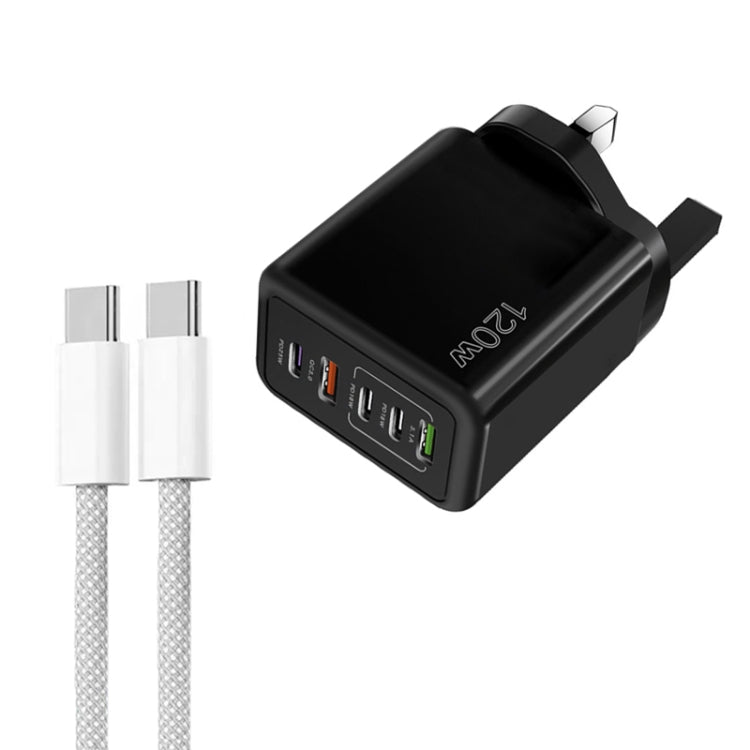 120W PD3.0 3 Type-C 2 USB Multi Port Quick Charger with Type-C to Type-C Cable, UK Plug(Black) - USB Charger by buy2fix | Online Shopping UK | buy2fix