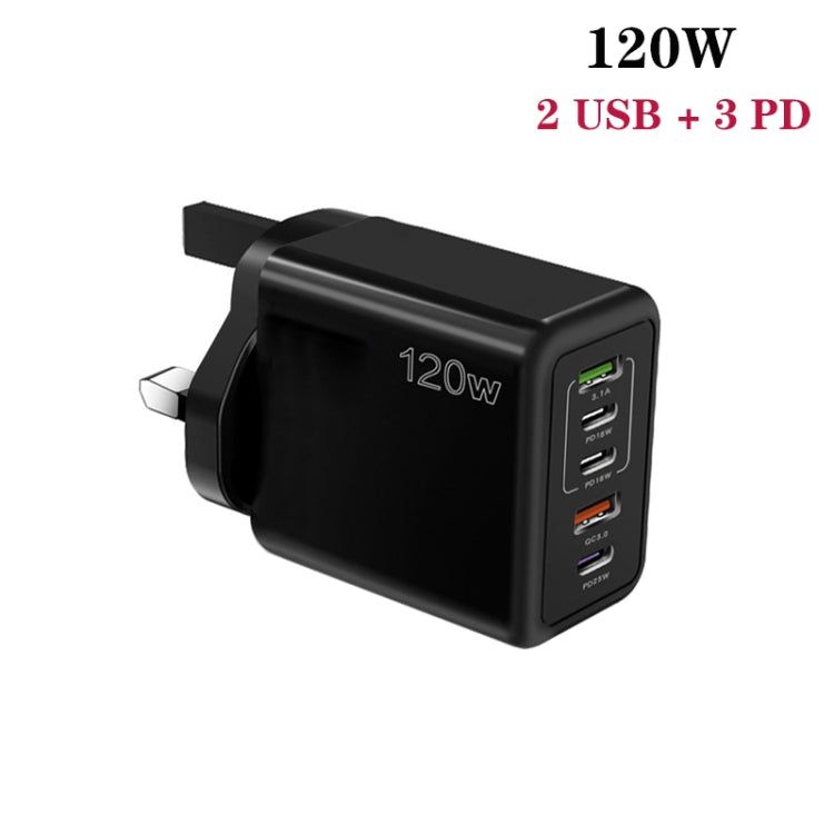 120W PD3.0 3 Type-C 2 USB Multi Port Quick Charger with Type-C to Type-C Cable, UK Plug(Black) - USB Charger by buy2fix | Online Shopping UK | buy2fix