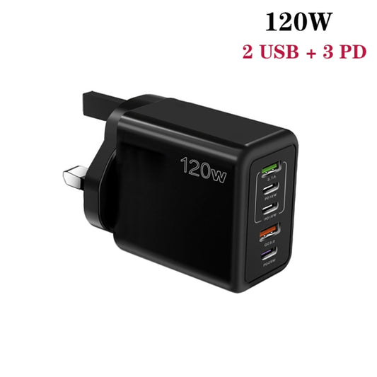 120W PD3.0 3 Type-C 2 USB Multi Port Quick Charger with Type-C to Type-C Cable, UK Plug(Black) - USB Charger by buy2fix | Online Shopping UK | buy2fix