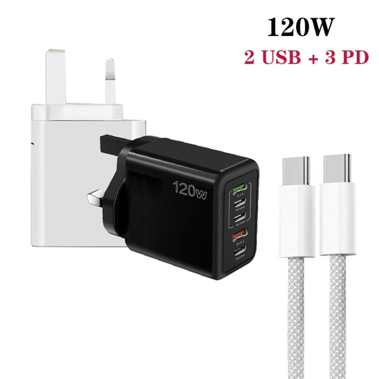 120W PD3.0 3 Type-C 2 USB Multi Port Quick Charger with Type-C to Type-C Cable, UK Plug(Black) - USB Charger by buy2fix | Online Shopping UK | buy2fix