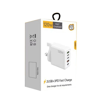 120W PD3.0 3 Type-C 2 USB Multi Port Quick Charger with Type-C to Type-C Cable, UK Plug(Black) - USB Charger by buy2fix | Online Shopping UK | buy2fix