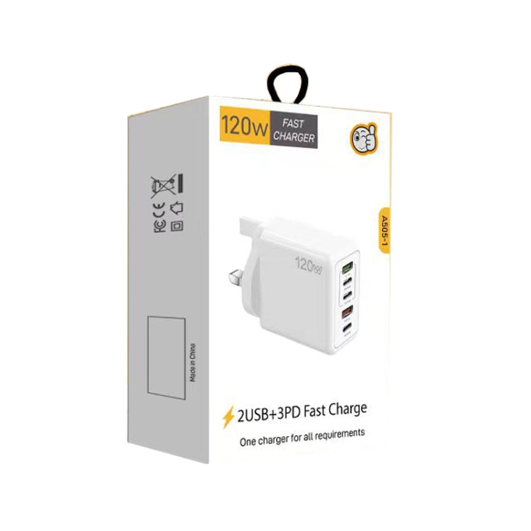 120W PD3.0 3 Type-C 2 USB Multi Port Quick Charger with Type-C to Type-C Cable, UK Plug(White) - USB Charger by buy2fix | Online Shopping UK | buy2fix