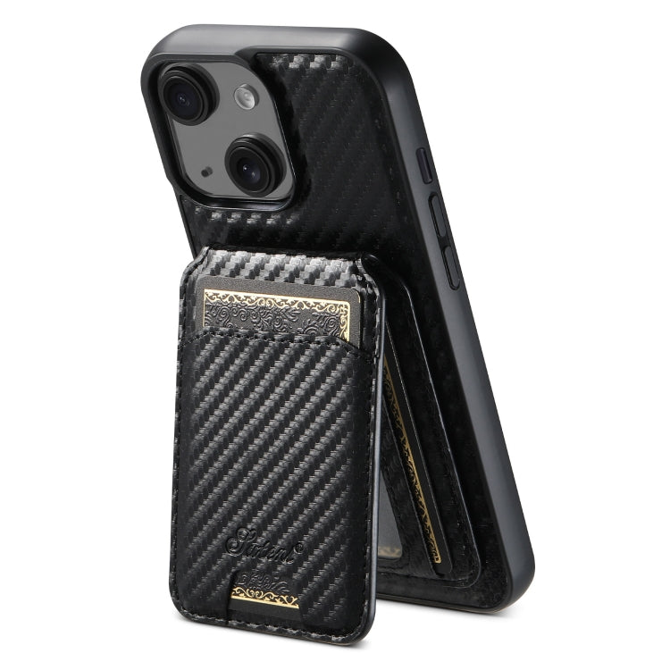 For iPhone 15 Plus Suteni TXWH18 Carbon Fiber Texture Detachable Wallet MagSafe Phone Case(Black) by Suteni