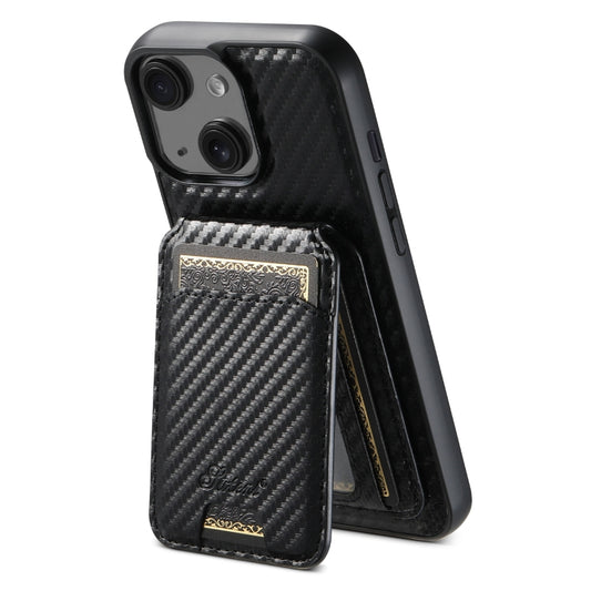 For iPhone 15 Plus Suteni TXWH18 Carbon Fiber Texture Detachable Wallet MagSafe Phone Case(Black) by Suteni