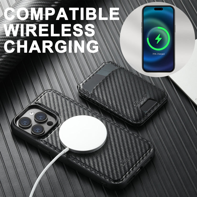 For iPhone 15 Suteni TXWH18 Carbon Fiber Texture Detachable Wallet MagSafe Phone Case(Black) by Suteni