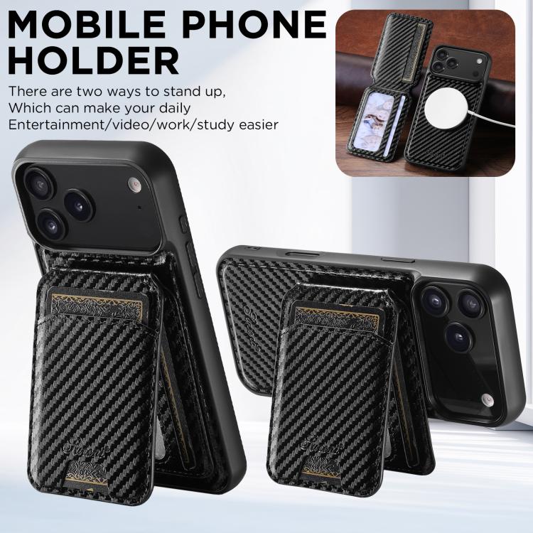 For iPhone 12 Suteni TXWH18 Carbon Fiber Texture Detachable Wallet MagSafe Phone Case(Black) by Suteni