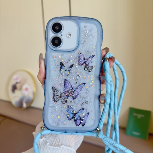 For iPhone 16 Plus Crossbody Wave Edge Butterfly TPU Phone Case(Blue) - iPhone 16 Plus Cases by buy2fix | Online Shopping UK | buy2fix