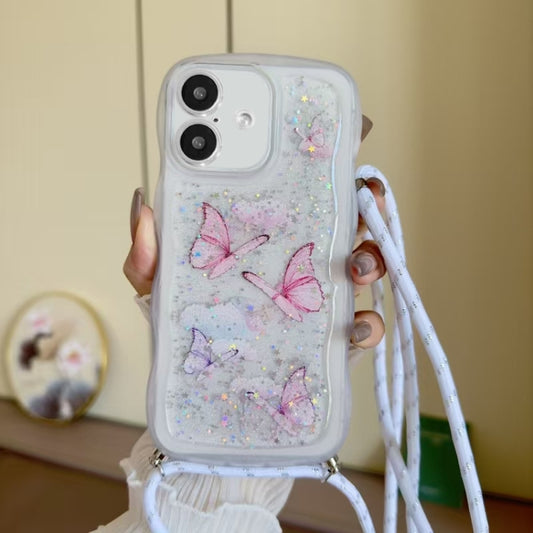 For iPhone 16 Plus Crossbody Wave Edge Butterfly TPU Phone Case(White) - iPhone 16 Plus Cases by buy2fix | Online Shopping UK | buy2fix