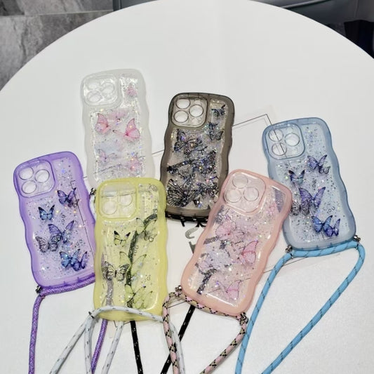 For iPhone 16 Pro Crossbody Wave Edge Butterfly TPU Phone Case(Blue) by buy2fix