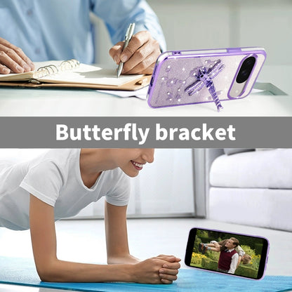 For Google Pixel 9 Gradient Glitter Immortal 3D Dragonfly Holder Plated Phone Case(Purple) by buy2fix