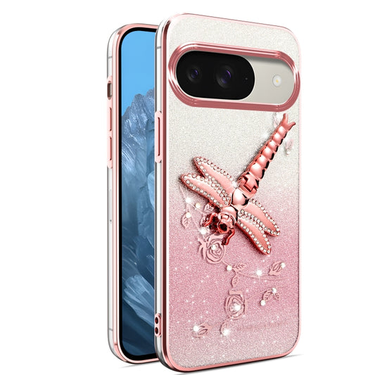 For Google Pixel 9 Pro Gradient Glitter Immortal 3D Dragonfly Holder Plated Phone Case(Pink) by buy2fix