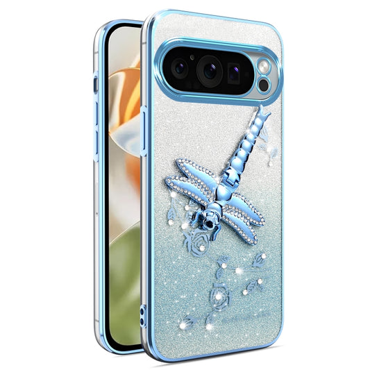 For Google Pixel 9 Pro XL Gradient Glitter Immortal 3D Dragonfly Holder Plated Phone Case(Blue) by buy2fix