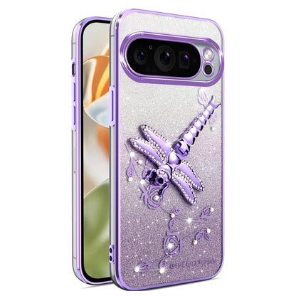 For Google Pixel 9 Pro XL Gradient Glitter Immortal 3D Dragonfly Holder Plated Phone Case(Purple) by buy2fix