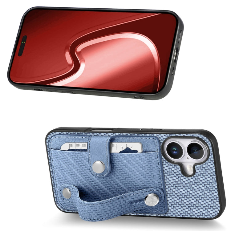 For iPhone 16 Wristband Kickstand Card Wallet Back Phone Case with Tool Knife(Blue) by buy2fix