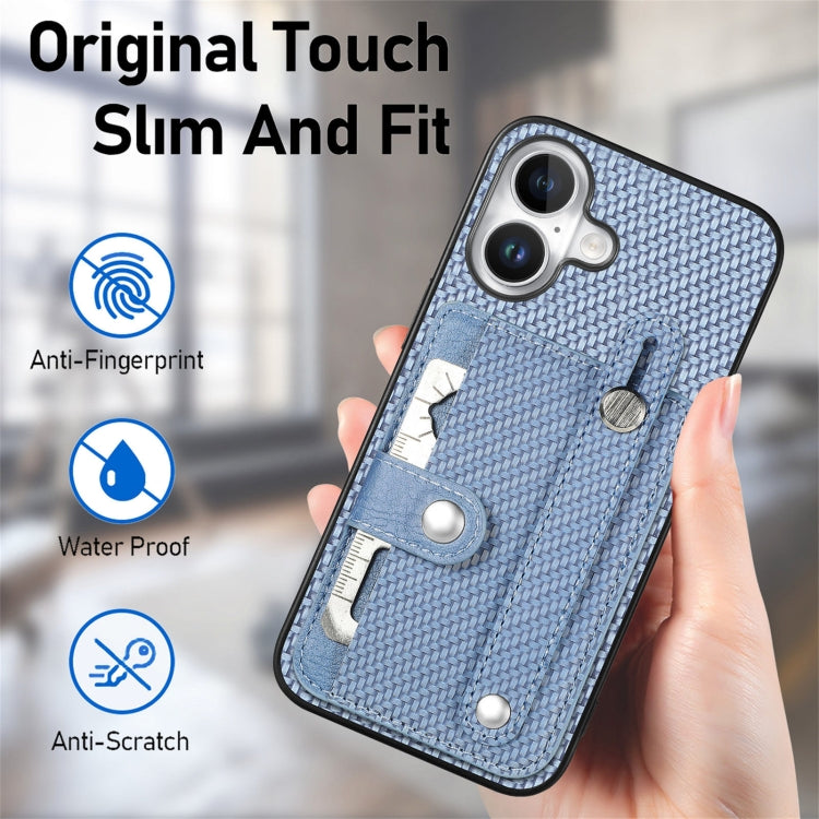 For iPhone 16 Wristband Kickstand Card Wallet Back Phone Case with Tool Knife(Blue) by buy2fix