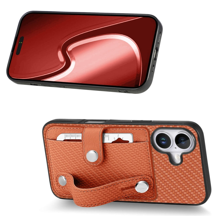 For iPhone 16 Wristband Kickstand Card Wallet Back Phone Case with Tool Knife(Brown) by buy2fix