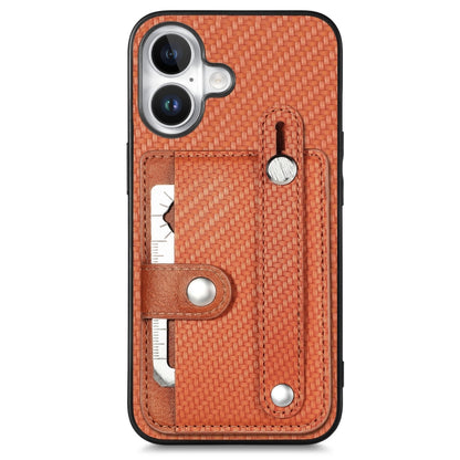 For iPhone 16 Wristband Kickstand Card Wallet Back Phone Case with Tool Knife(Brown) by buy2fix