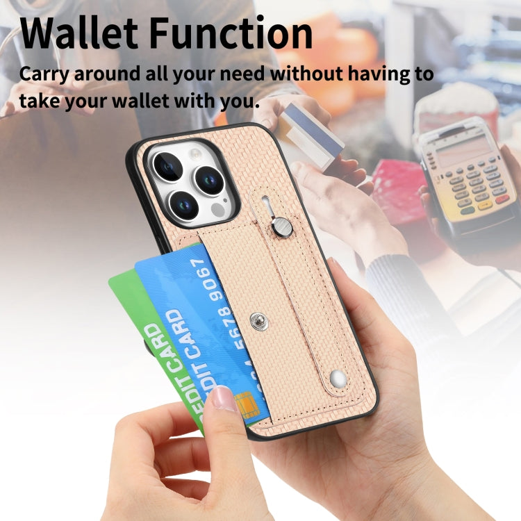 For iPhone 16 Pro Wristband Kickstand Card Wallet Back Phone Case with Tool Knife(Khaki) by buy2fix