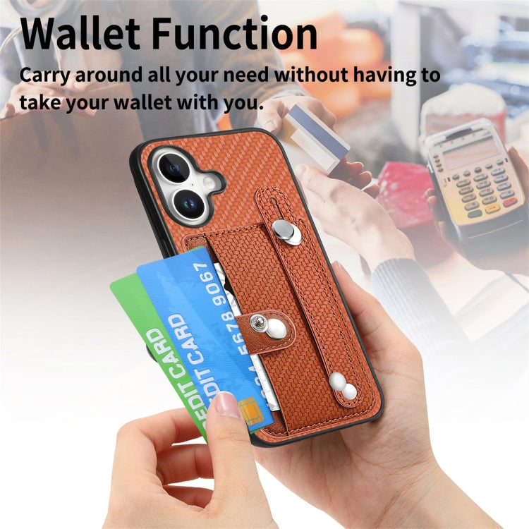 For iPhone 16 Plus Wristband Kickstand Card Wallet Back Phone Case with Tool Knife(Brown) by buy2fix