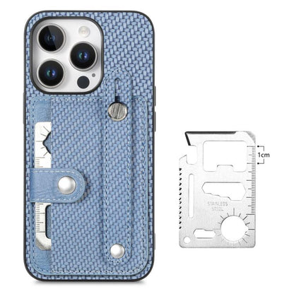 For iPhone 16 Plus Wristband Kickstand Card Wallet Back Phone Case with Tool Knife(Blue) by buy2fix